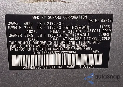 2018 Subaru Outback 2.5I Limited из США, поврежденный, VIN 4S4BSANC2J3223034